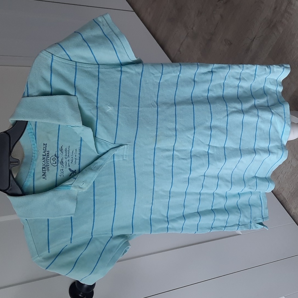 Women's American Eagle Blue Striped Polo Large